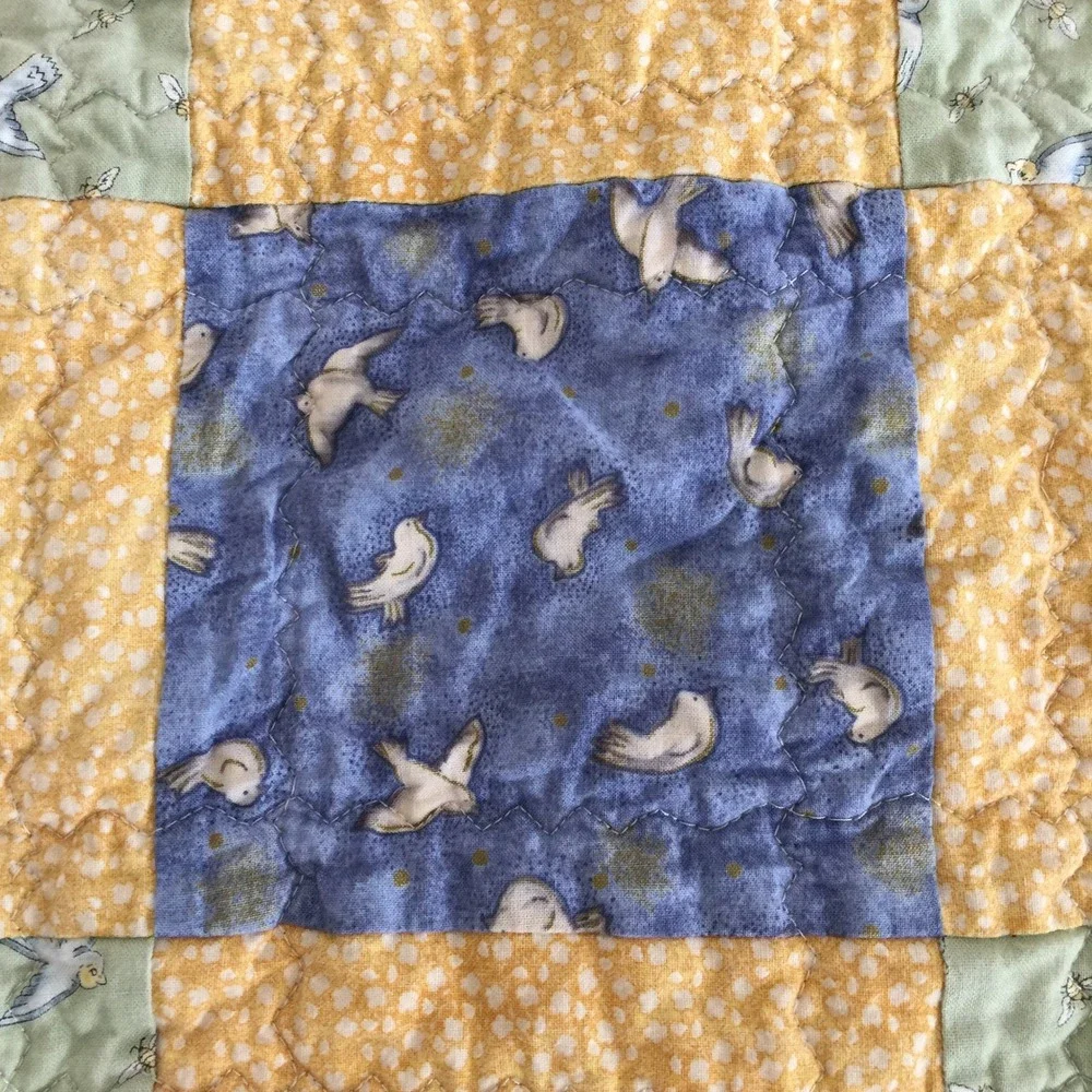 Handmade Patchwork Quilt 35x30 In Yellow Blue‎ Baby Blanket Birds Cotton